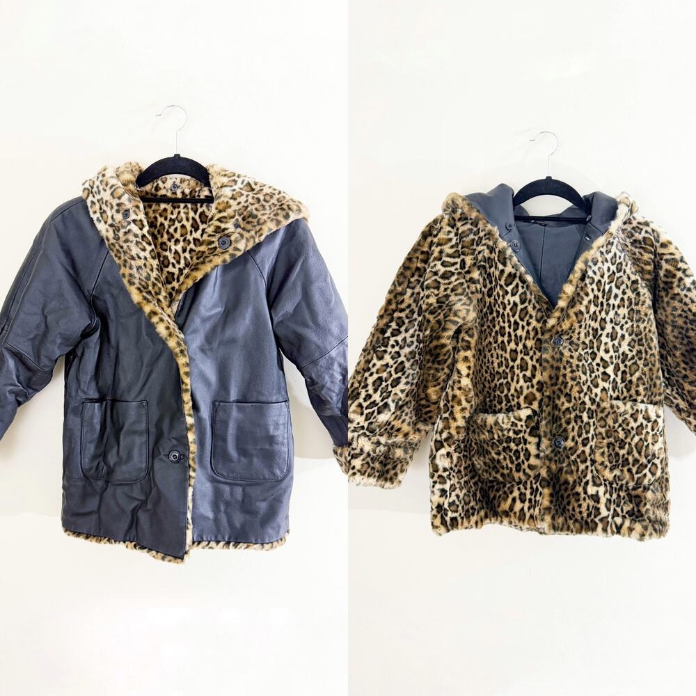Wilsons Leather Black Leather & Leopard Faux Fur Reversible Coat Kids Size Large